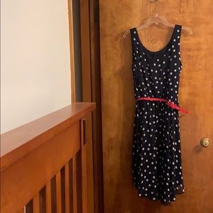 Navy blue polka dot dress w/ red belt